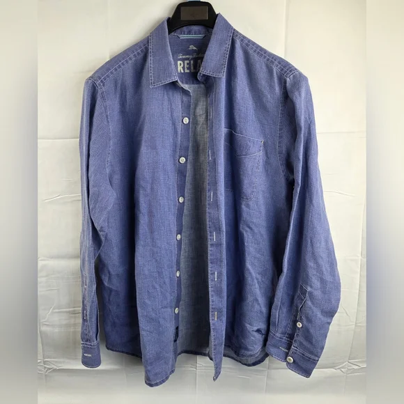 Tommy Bahama Shirt Mens Medium Blue Long Sleeve Button Up Solid 100% Linen - Picture 2 of 9